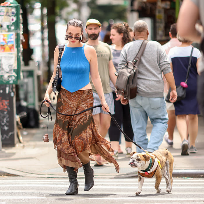 a person in a blue top and brown skirts walks a dog 