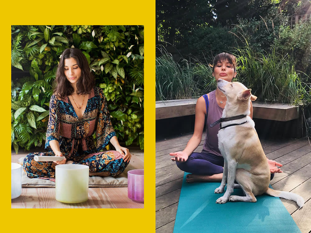 Jasmine Hemsely doing yoga with dog