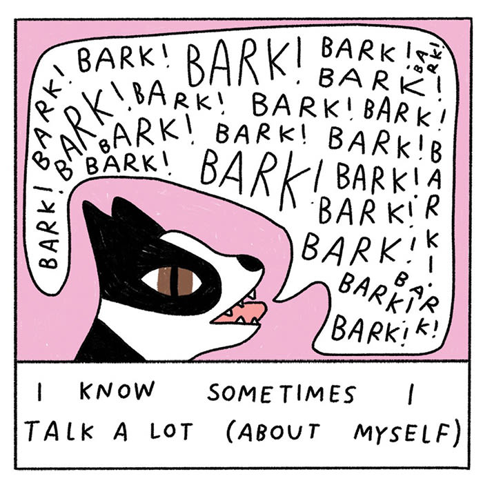 Grace Miceli illustration, a black and white dog barking