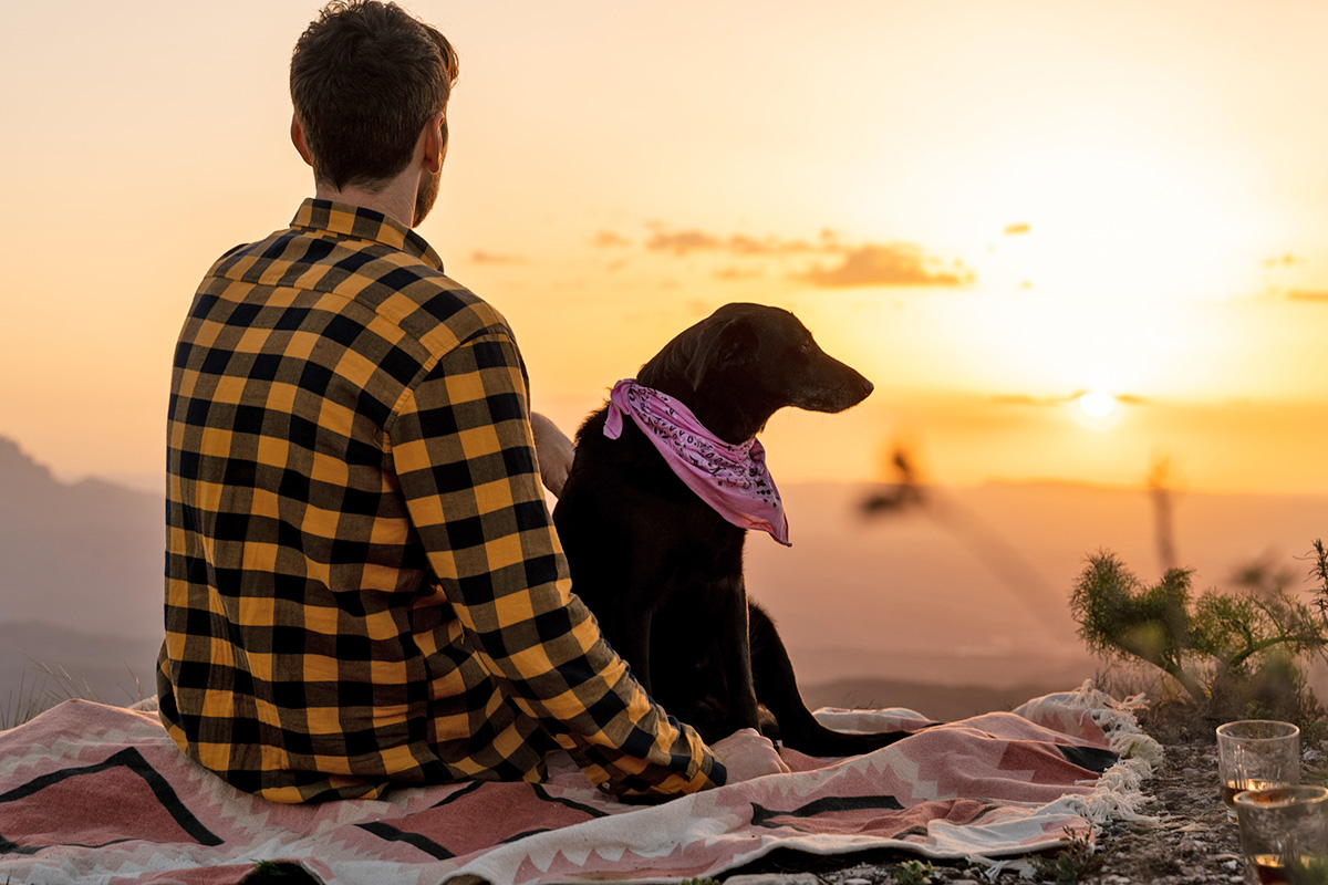 person with dog looking at the horizon