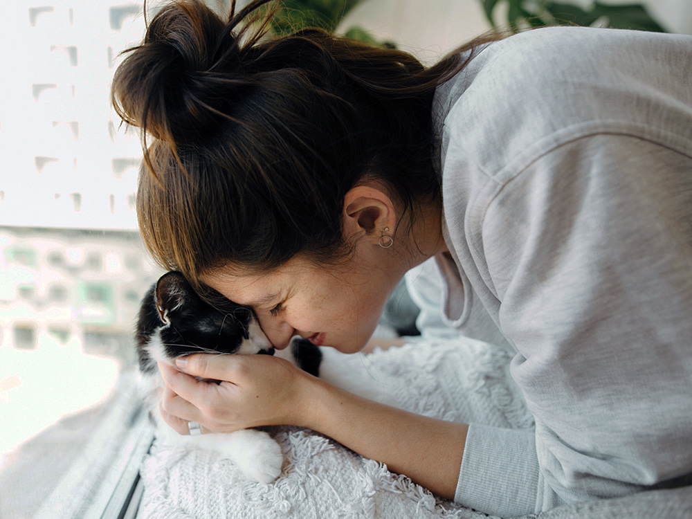 Brown haired woman hugging cute cat, sitting together at home