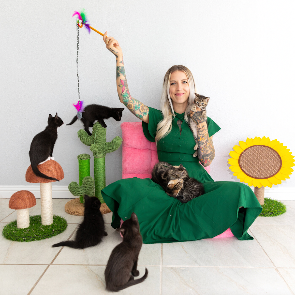 Hannah Shaw plays with cats