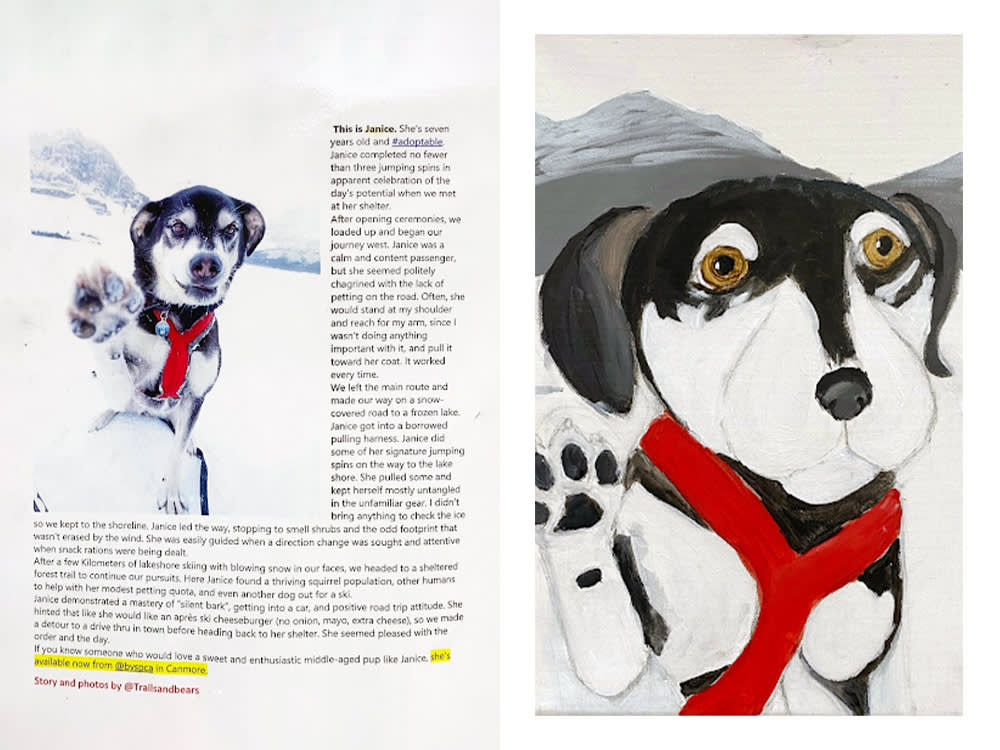 a drawing of a dog named Janice, next to a photo of her