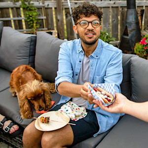 Man eating a hot dog with horseradish on it while dog begs.