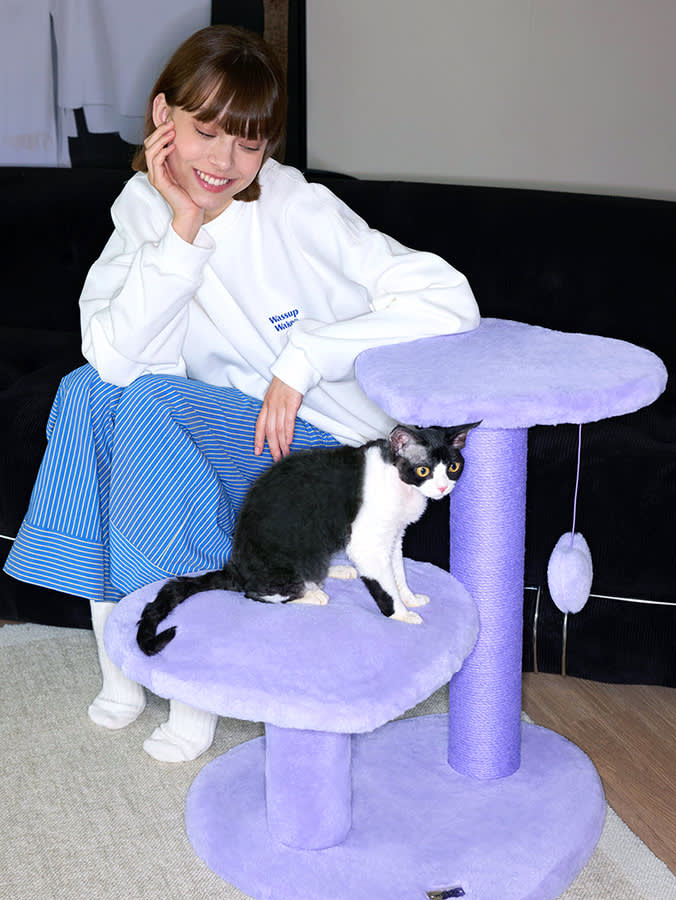 A woman and her cat plays with the Vetreska heartpurrple cat climber.