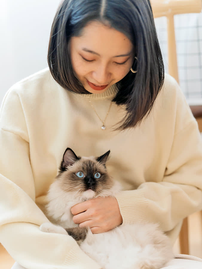 woman cuddling rag doll cat