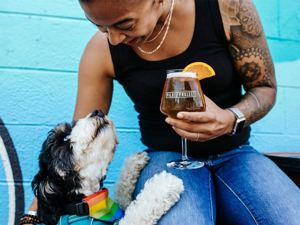 a dog looking at someone drinking at Pilot Project Brewing