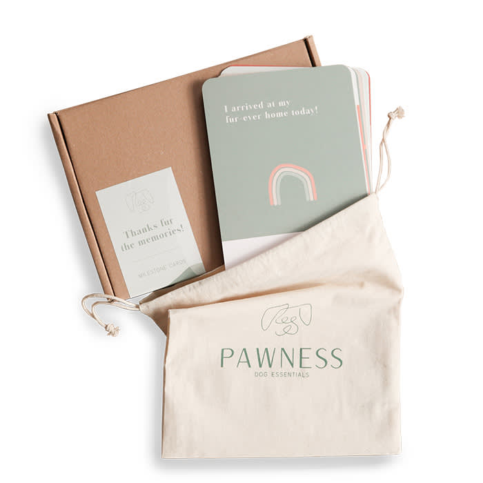 pawness milestone cards in canvas bag