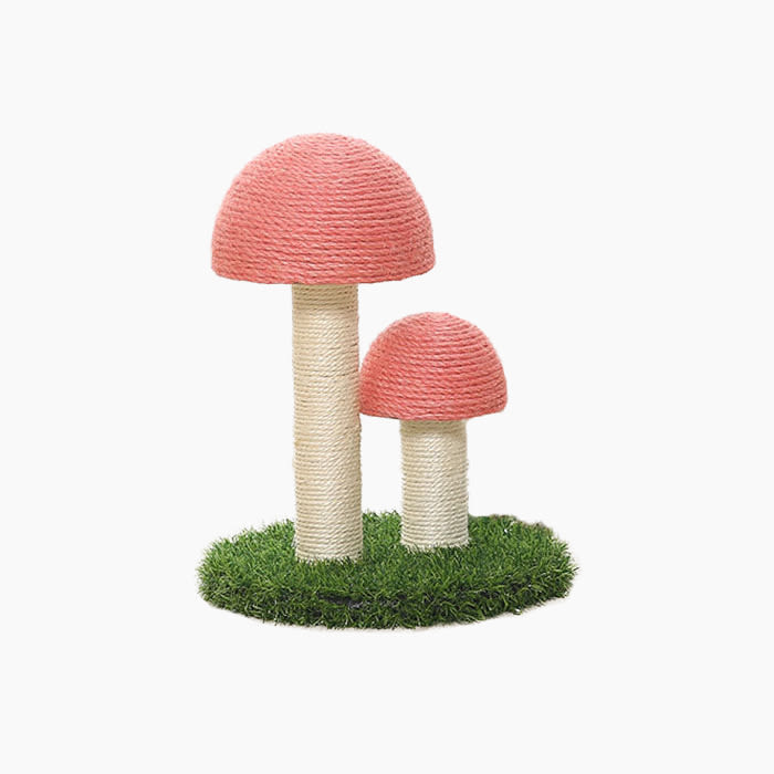 mushroom scratching post with pink cats and green grass