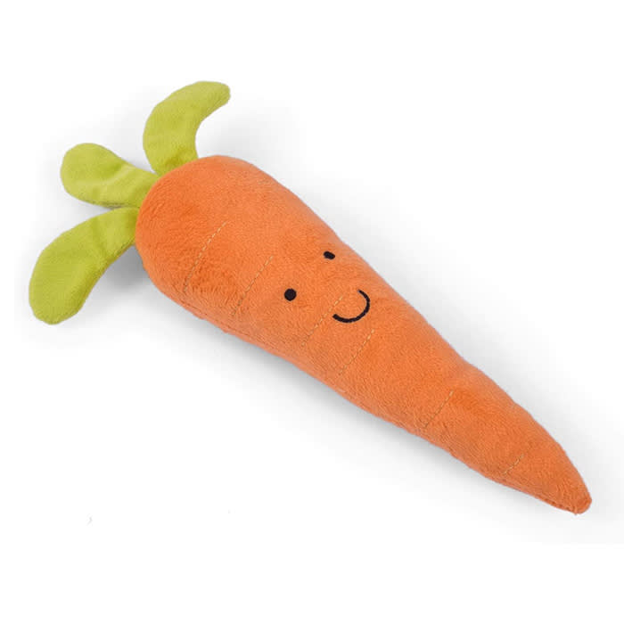 Soft carrot shaped dog toy with smiley face