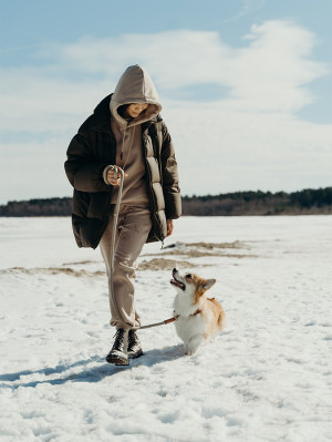 woman and corgi dog walking through snow