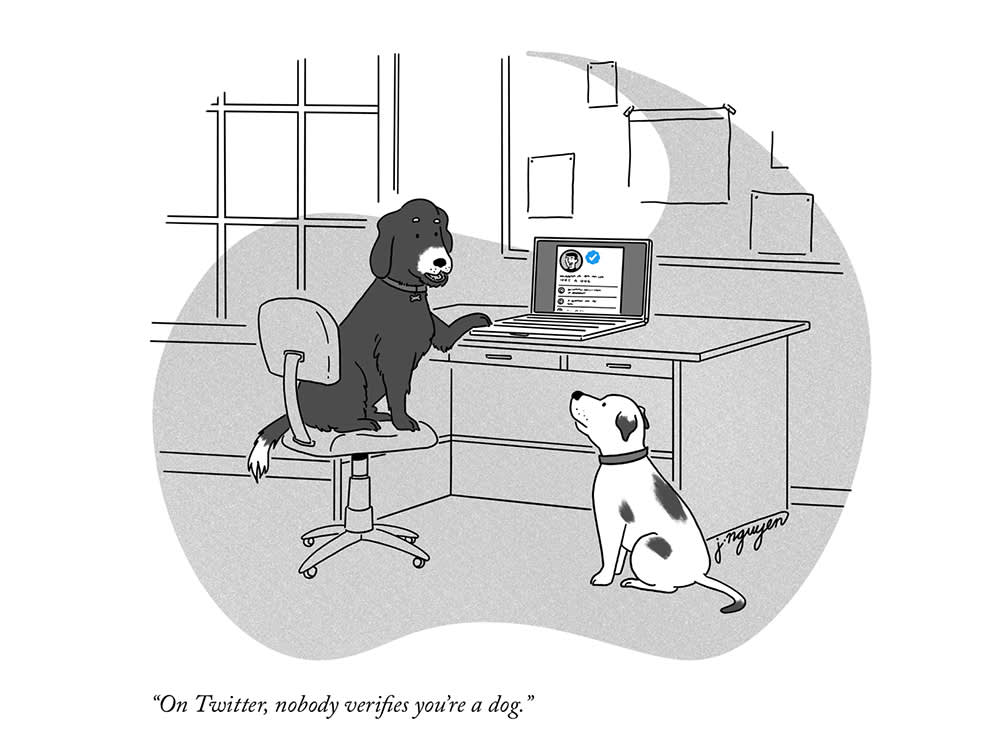 New Yorker cartoon; two dogs at a computer captioned "On Twitter, nobody verifies you're a dog."
