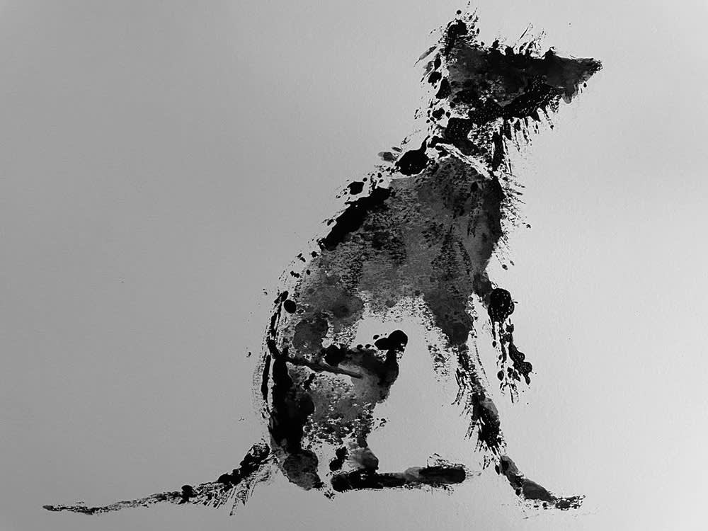 a painting of a black dog on a white background