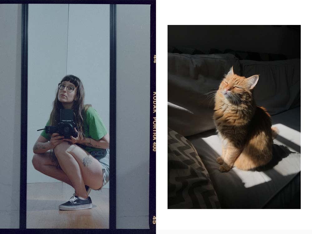 Bridget Badore with her camera, Queso (her orange cat) basking in the sunlight 