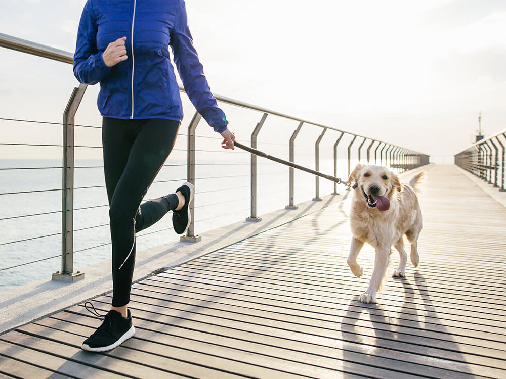 A dog running with a woman on a pier. 