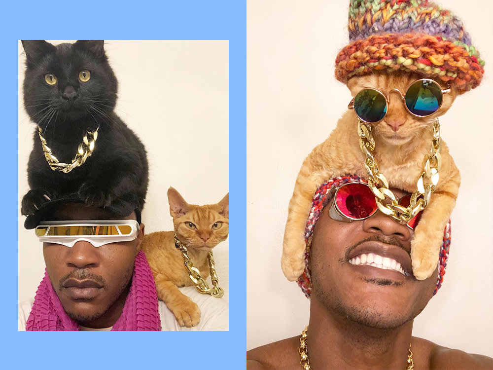 Cat rapper Moshow with cats on his head