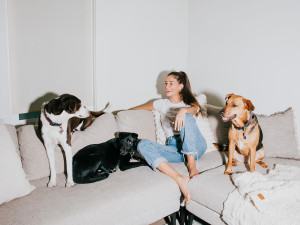 Danielle Sobel sitting on the couch with three dogs