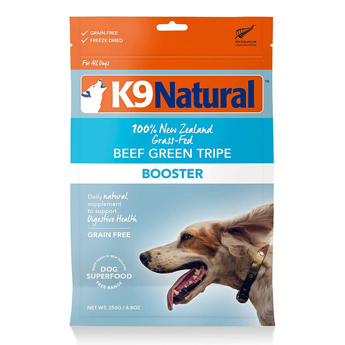 k9 natural dog food topper in orange and blue packaging