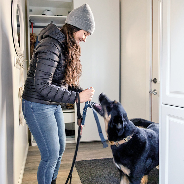 Woman leashing up her dog for a walk outside.