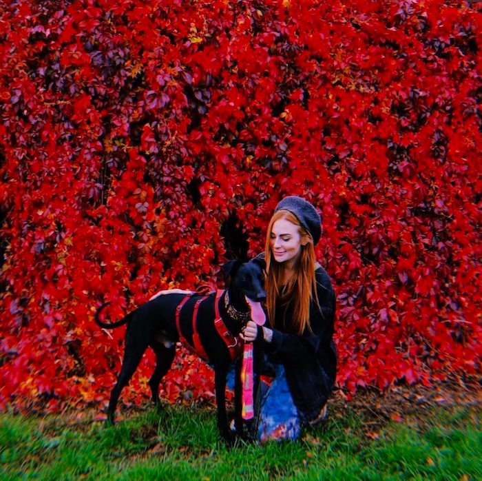 a woman in a beret with a black greyhound against a red leafy backdrop