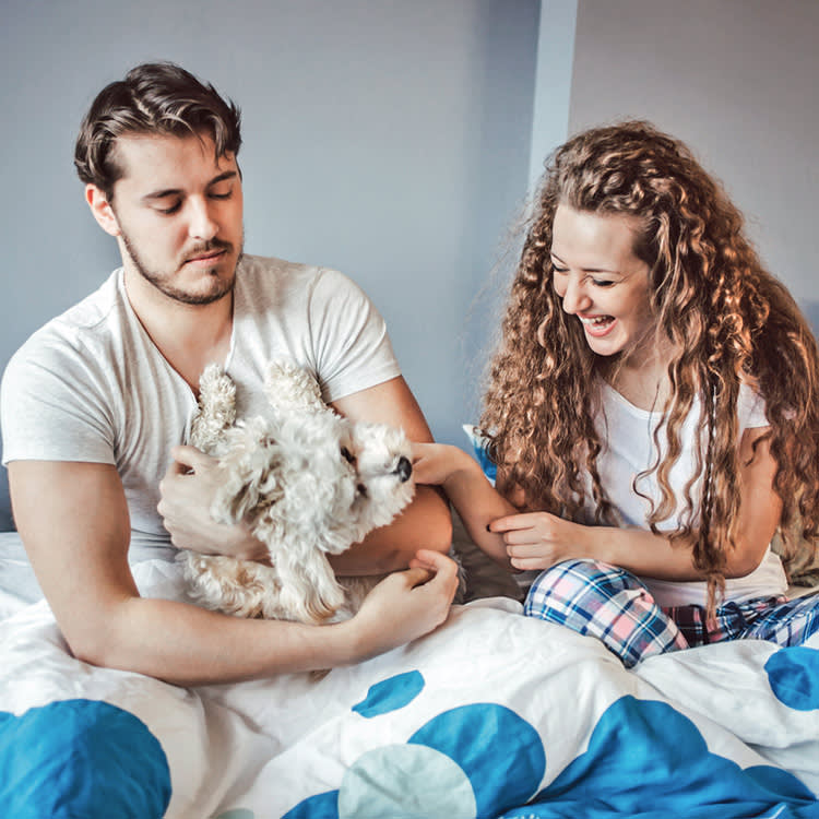 Man and women in bed with their dog at home.