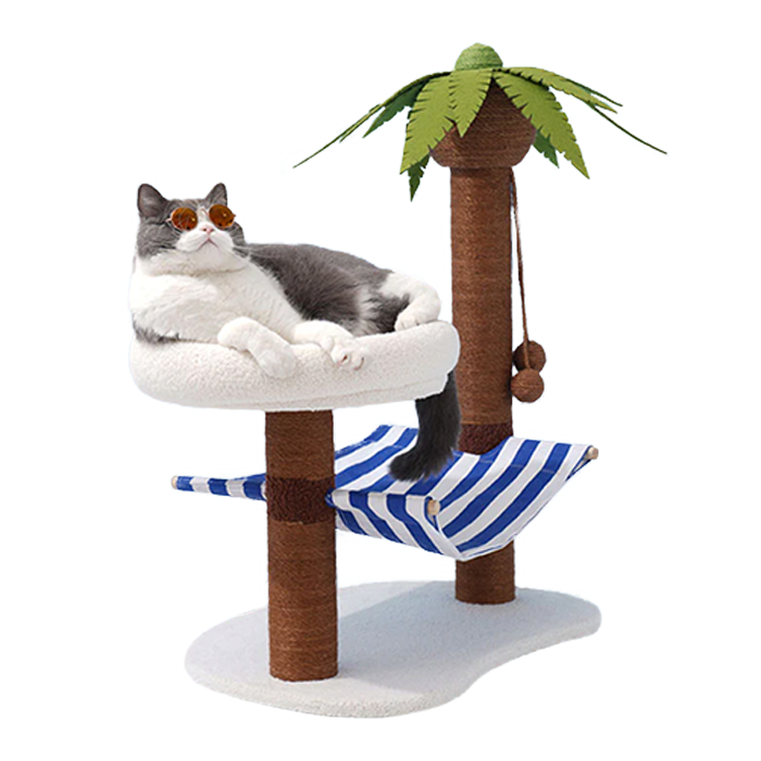 cat sitting on cat tree shape like palm tree