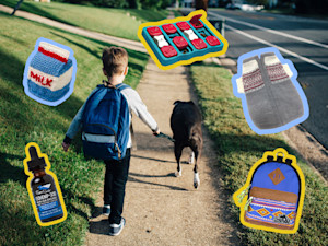 a child with a backpack walking a dog, a collage of products over the image: a sweater, a backpack, a milk toy, a puzzle toy, calming supplements
