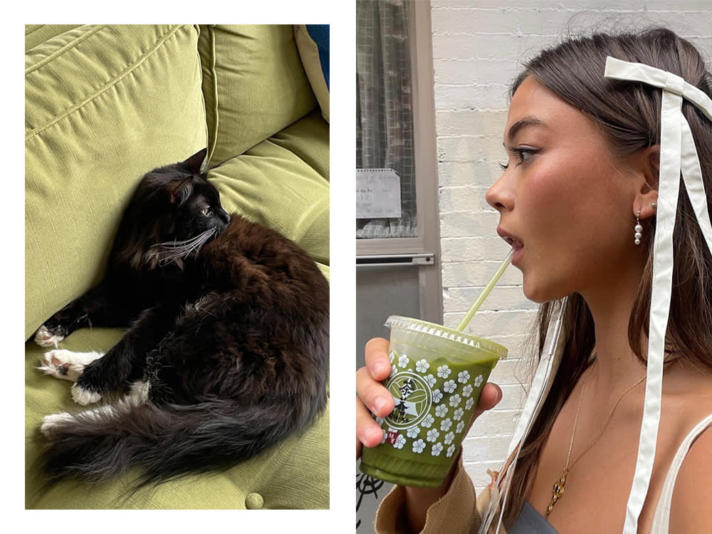 Lukita’s cat, Roscoe, snuggles on a green couch; Lukita sips a green juice drink 