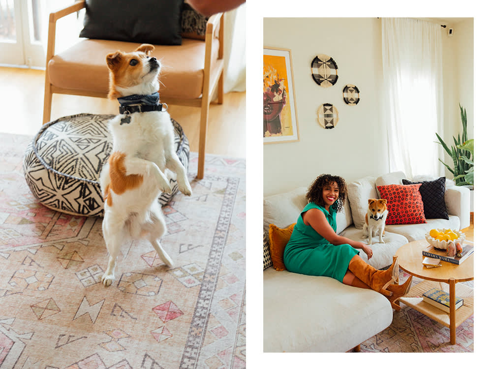 Dayna Isom Johnson's small white and orange dog on his hind legs; Dayna Isom Johnson and her small white and orange dog on a couch