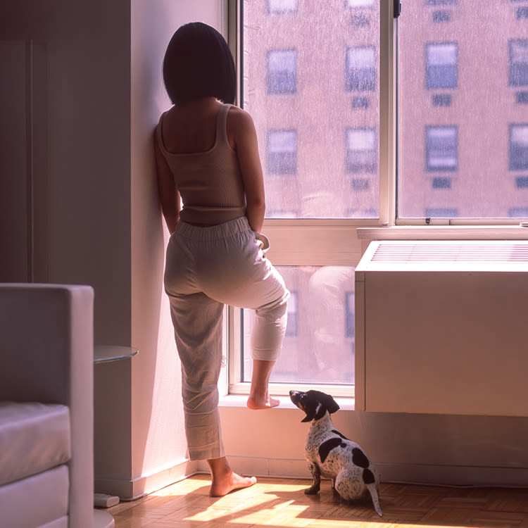 Dog and Woman looking out window moodily