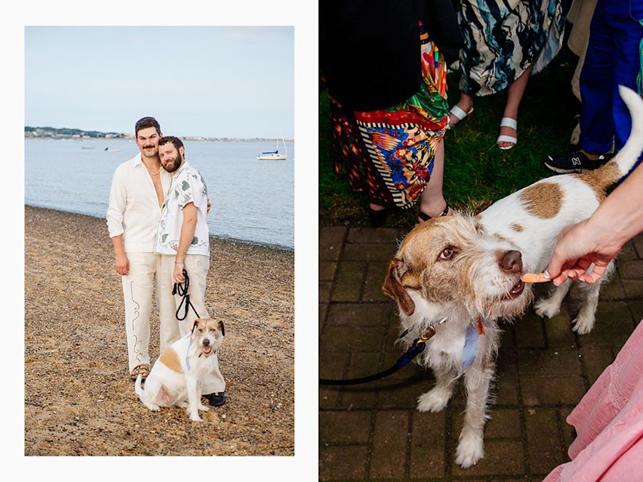 Couple and their dog on the beach on their wedding day
