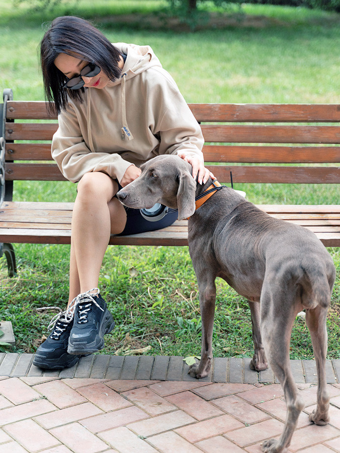 Woman looking concerned over her dog outside at the park.
