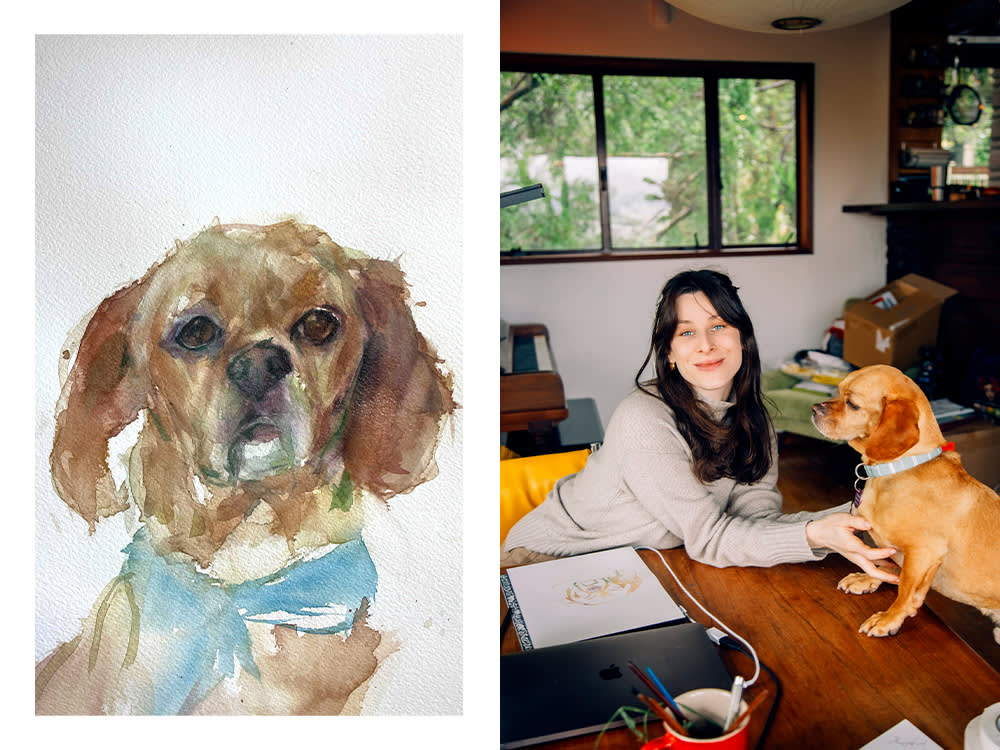 Sasha Spielberg's painting of a dog; Sasha Spielberg with her small orange dog