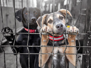 Sad dogs waiting at a shelter.