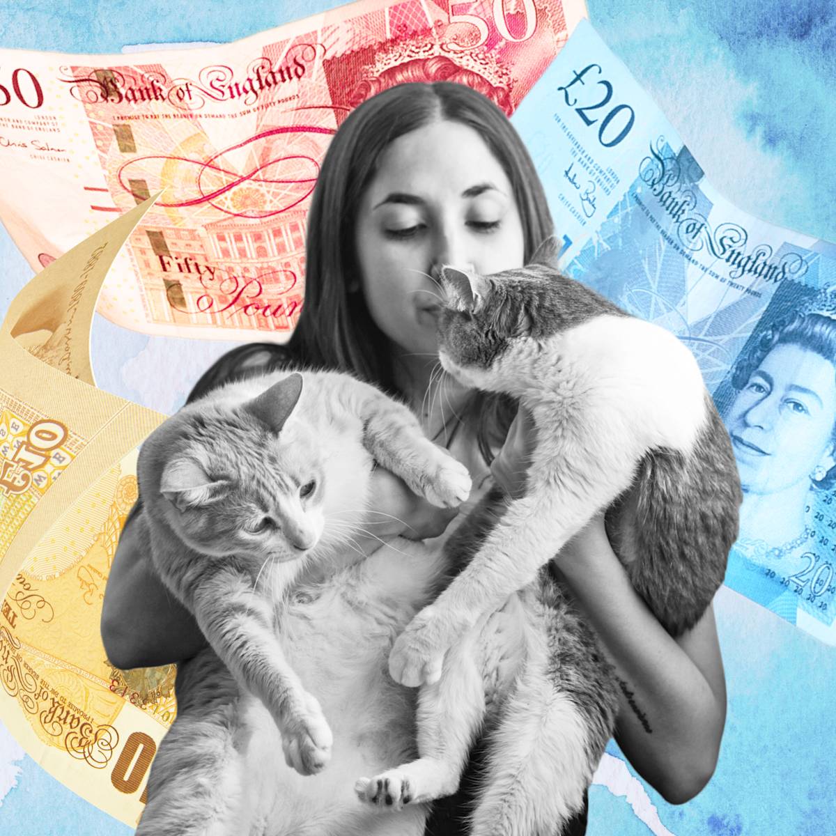 woman hugging two cats with money in the background