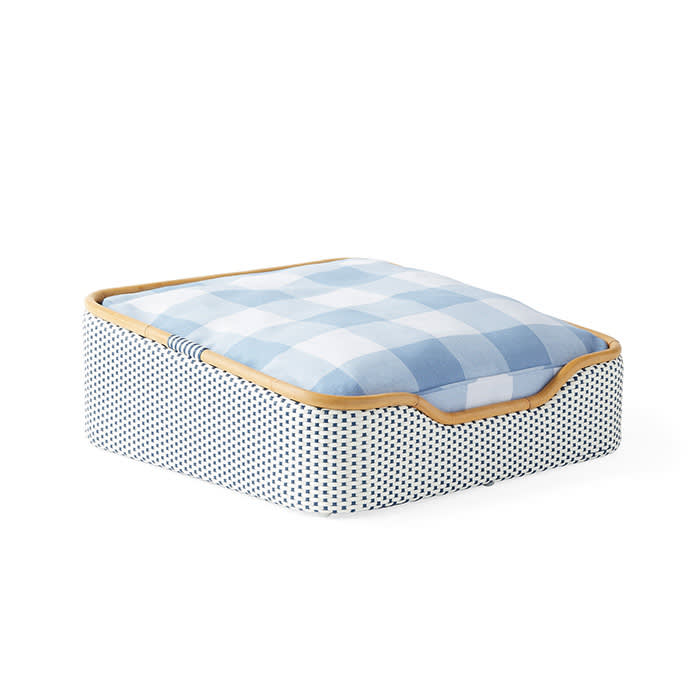 blue and white checkered dog bed