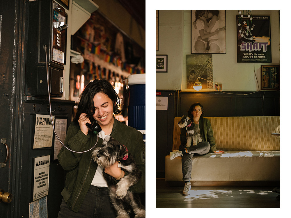 Erica Rose holds patty while talking on the payphone at Ginger’s; Erica Rose sits in a booth at Ginger’s with Patty in her lap.