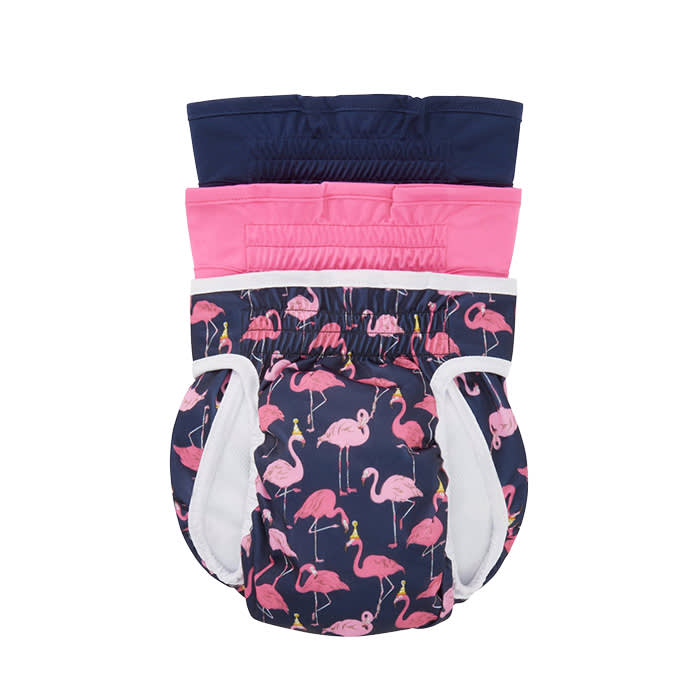 Frisco washable diapers in flamingo, pink, and dark-blue prints