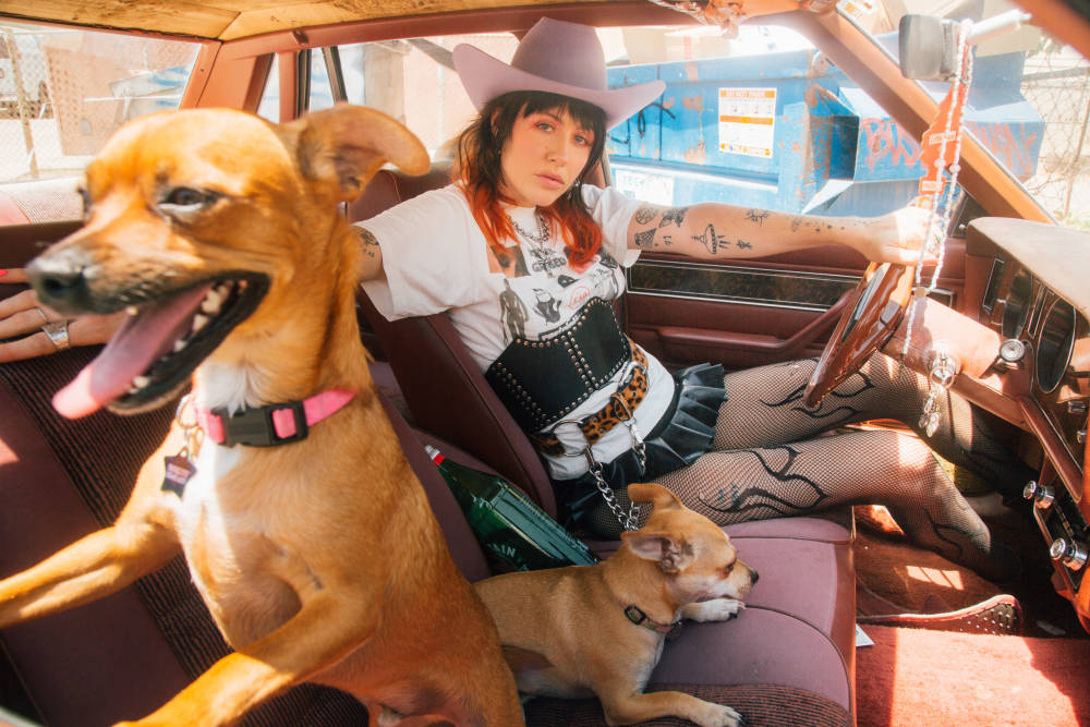 Dani Miller with her two dogs in a car 