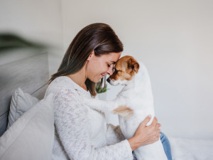 Happy woman at home cuddling on bed with cute jack russell dog. 