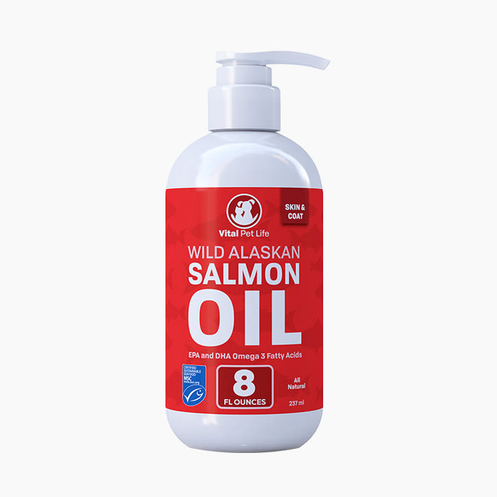 salmon oil in white bottle with pink label