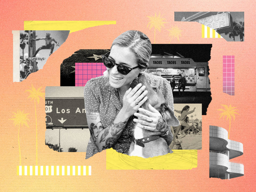 a woman in sunglasses cuddling a dog surrounded by LA imagery: an LA sign, a skateboarder, a beach, a taco truck