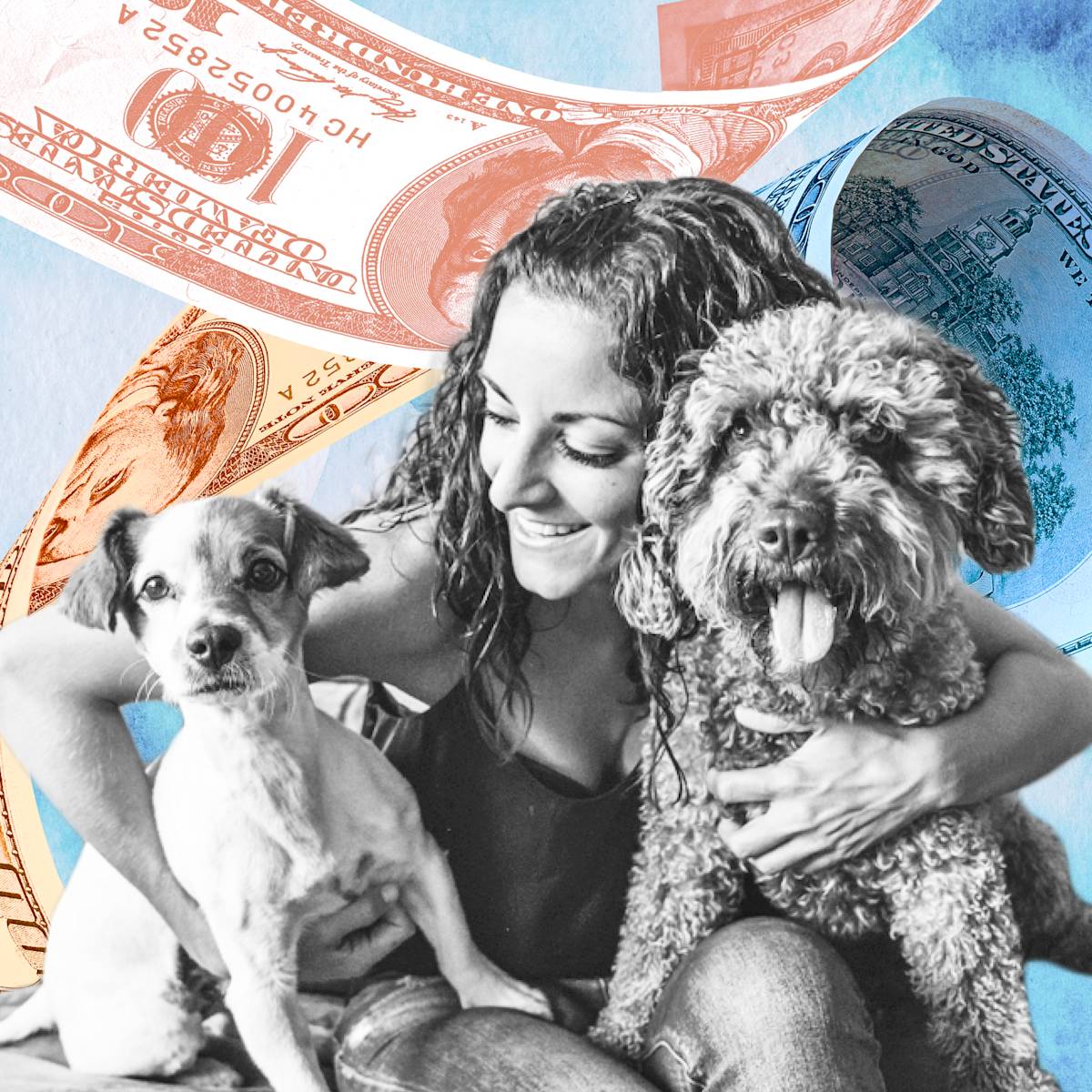 Woman with her two dogs at home.