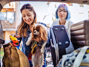 Two women getting ready to travel with their dog.