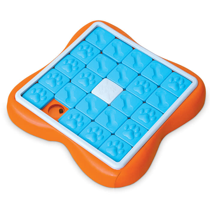orange and blue square interactive dog toy