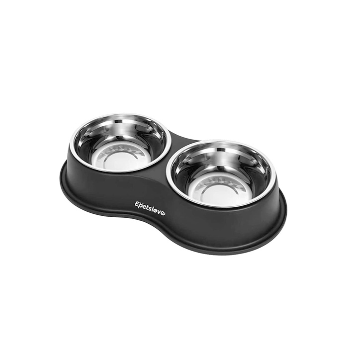 black exterior with stainless steel food bowls