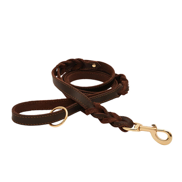 ADITYNA Double Handle Leather Dog Leash 6ft - Heavy Duty Braided Leash with Traffic Handle, Brown