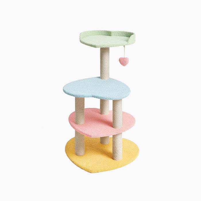 the heart shaped cat tower with tiers in green, blue, pink, and yellow