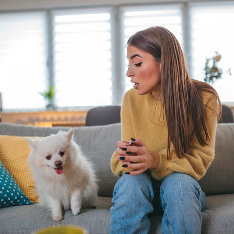 Woman avoiding dog on the couch at home.