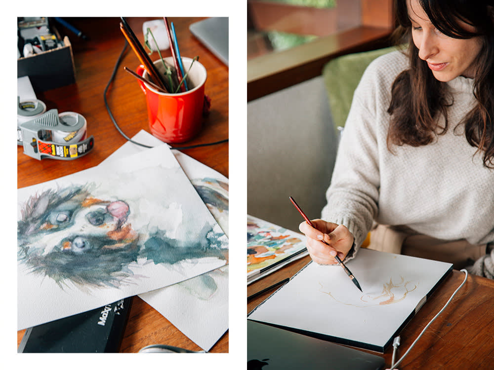 Sasha Spielberg's painting of a dog; Sasha Spielberg drawing at her desk